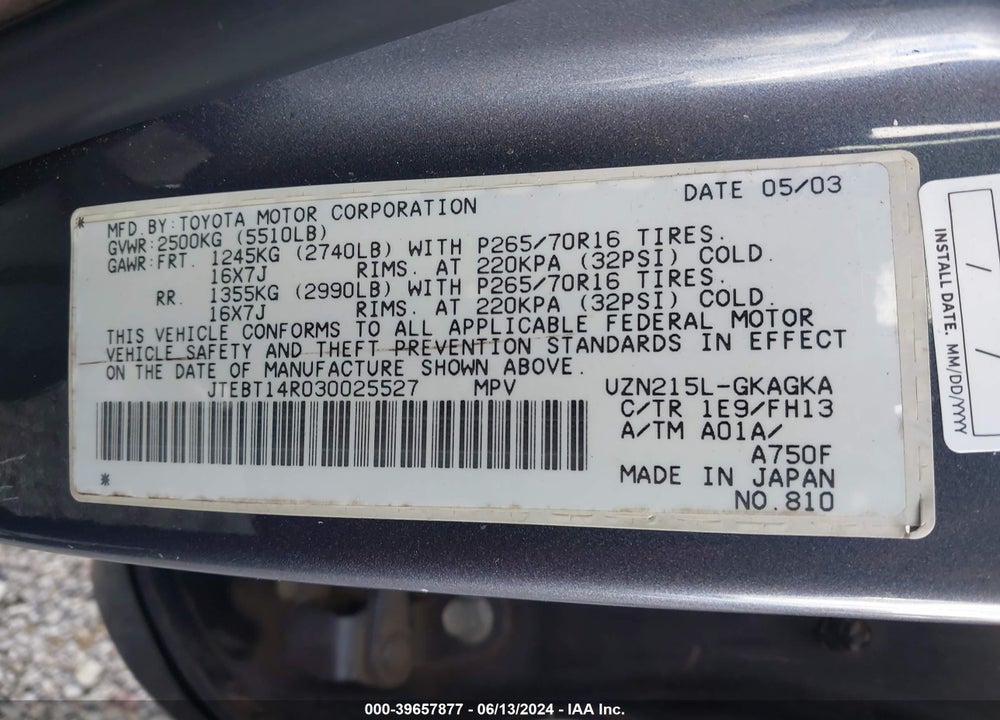 2003 TOYOTA 4RUNNER SR5 SPORT V8/SR5 V8 VIN: JTEBT14R030025527