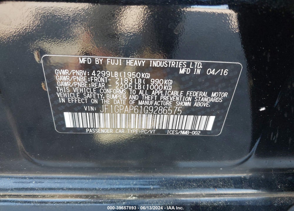 2016 SUBARU IMPREZA 2.0I SPORT PREMIUM VIN: JF1GPAP61G9286575