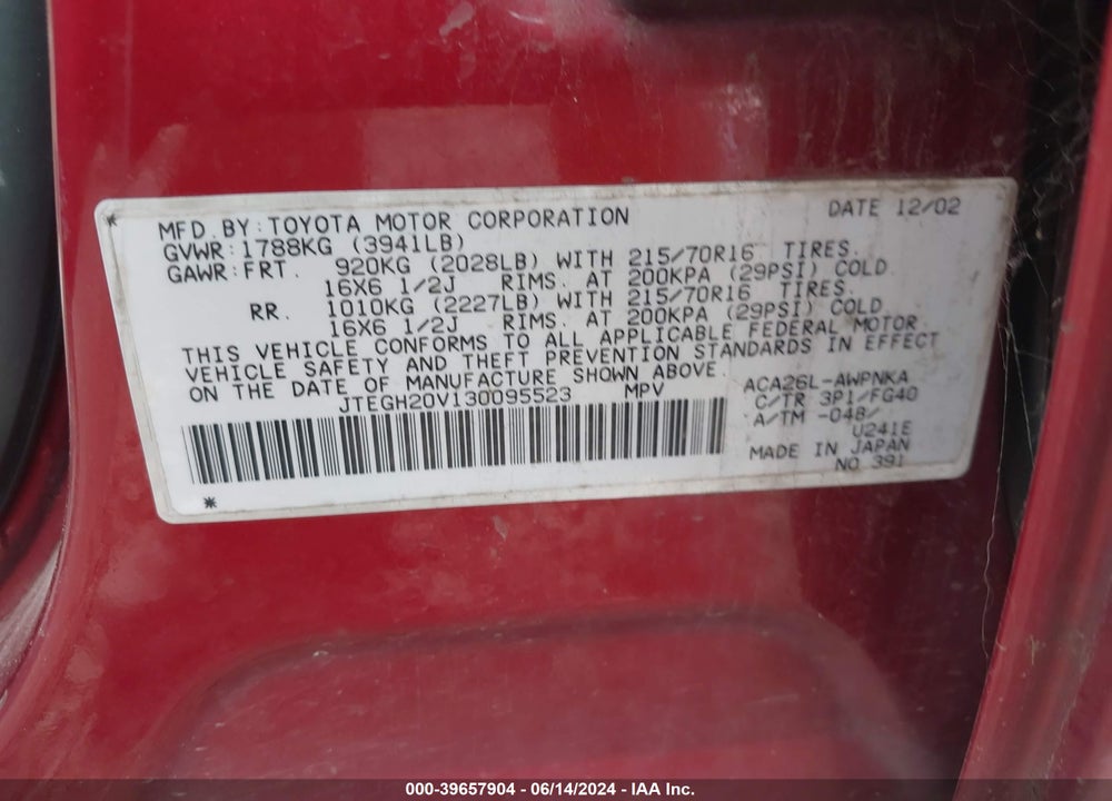 2003 TOYOTA RAV4 VIN: JTEGH20V130095523