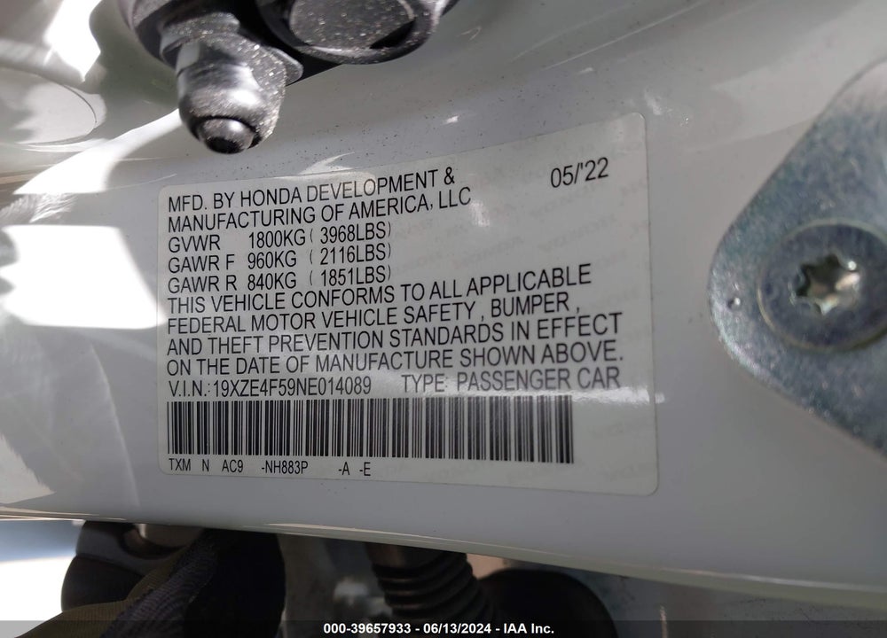 2022 HONDA INSIGHT EX VIN: 19XZE4F59NE014089