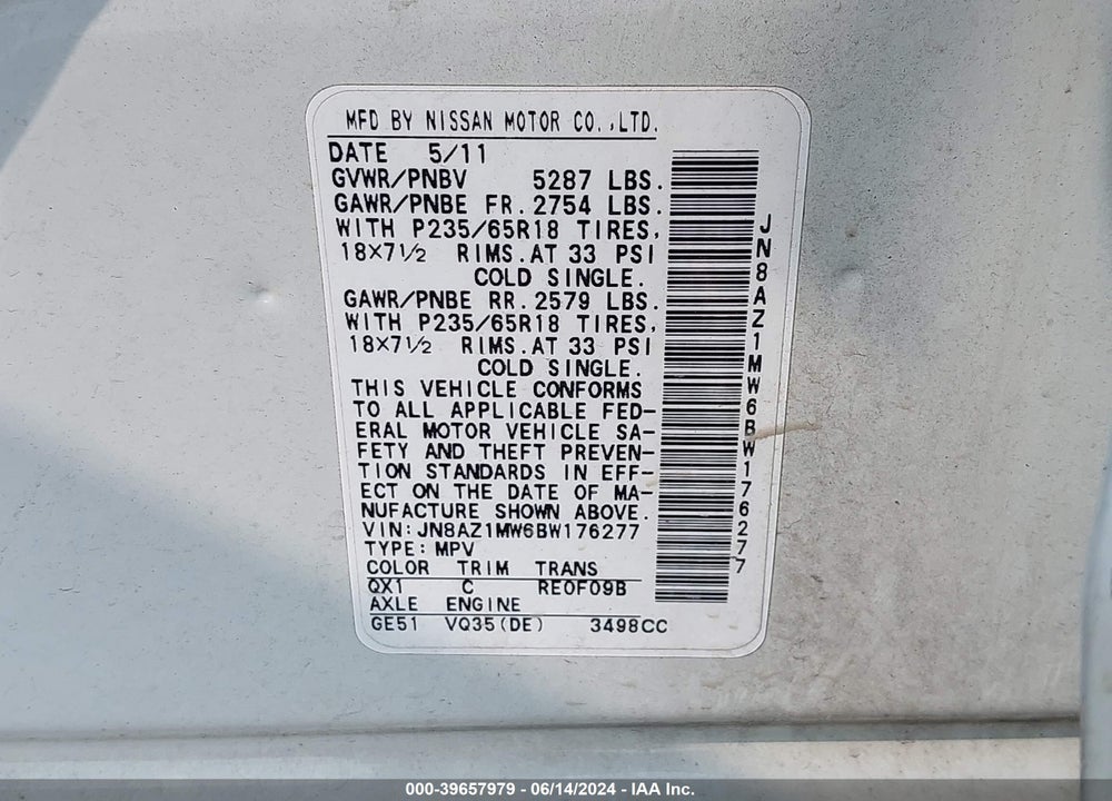 2011 NISSAN MURANO SL VIN: JN8AZ1MW6BW176277