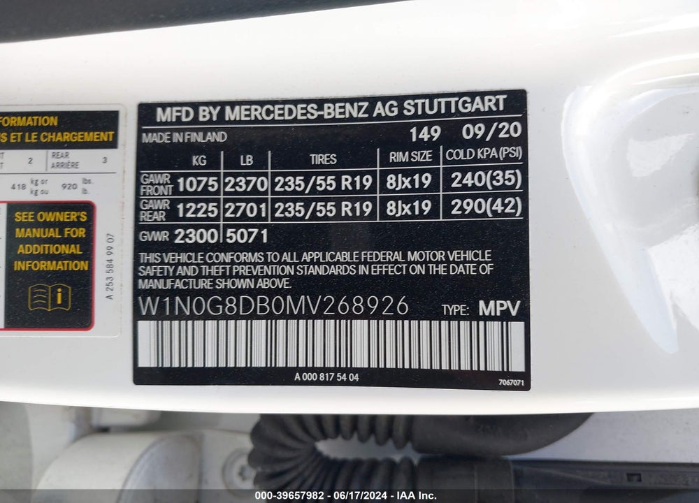 2021 MERCEDES-BENZ GLC 300 SUV VIN: W1N0G8DB0MV268926