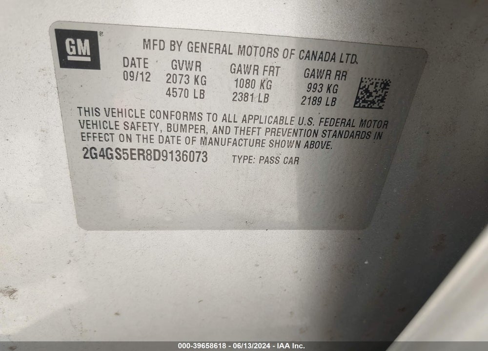 2013 BUICK REGAL PREMIUM 1 VIN: 2G4GS5ER8D9136073