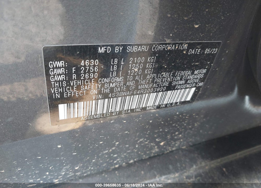 2024 SUBARU LEGACY PREMIUM VIN: 4S3BWAF64R3003620