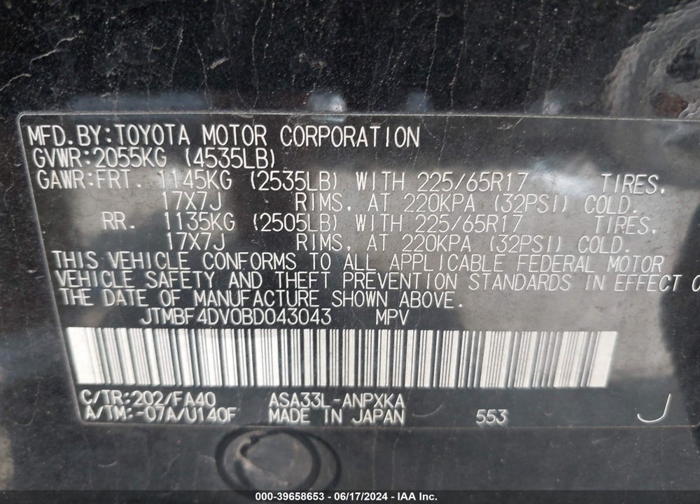 2011 TOYOTA RAV4 VIN: JTMBF4DV0BD043043