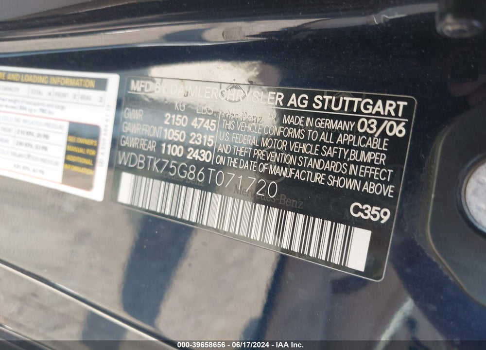 2006 MERCEDES-BENZ CLK 500 VIN: WDBTK75G86T071720