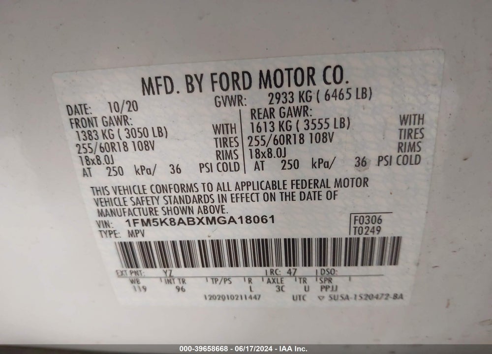 2021 FORD POLICE INTERCEPTOR UTILITY VIN: 1FM5K8ABXMGA18061