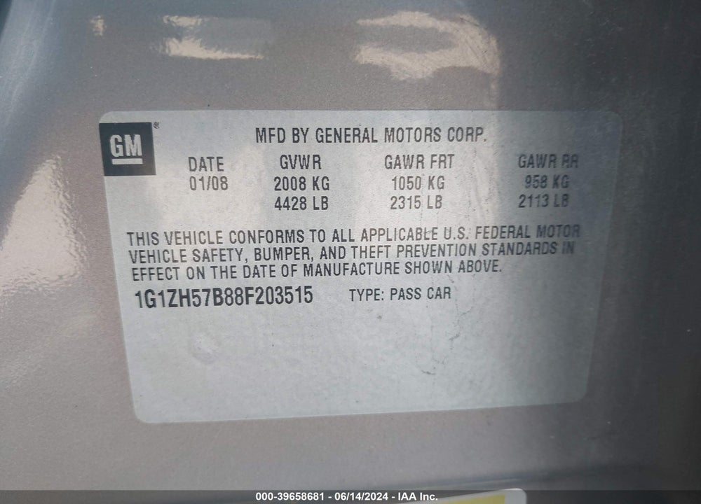 2008 CHEVROLET MALIBU LT VIN: 1G1ZH57B88F203515