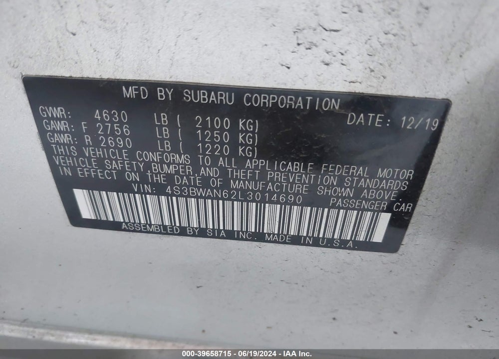 2020 SUBARU LEGACY LIMITED VIN: 4S3BWAN62L3014690