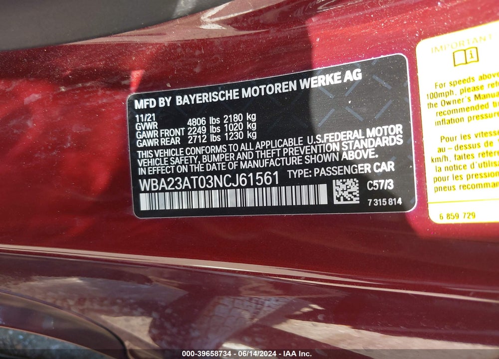 2022 BMW 430I VIN: WBA23AT03NCJ61561