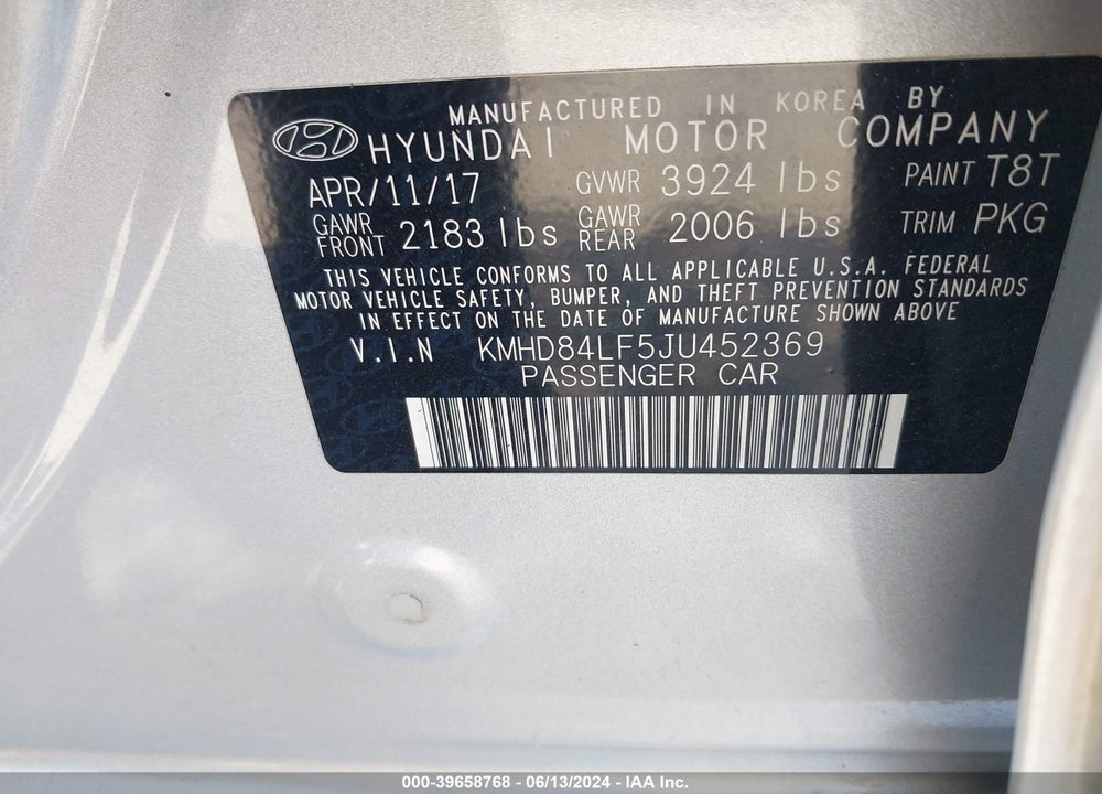 2018 HYUNDAI ELANTRA SEL VIN: KMHD84LF5JU452369