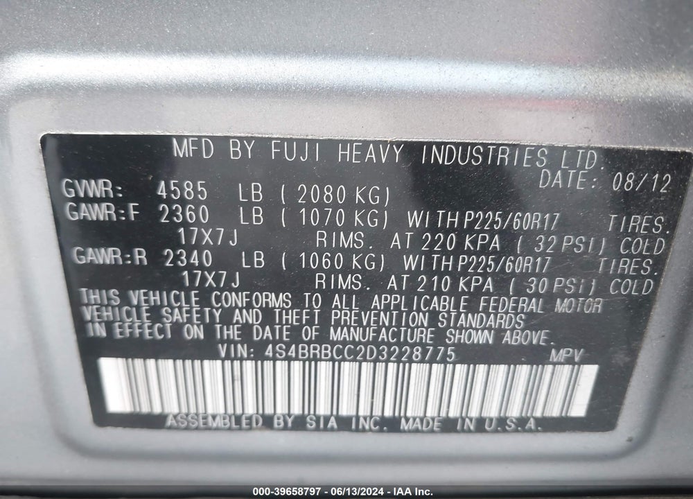 2013 SUBARU OUTBACK 2.5I PREMIUM VIN: 4S4BRBCC2D3228775