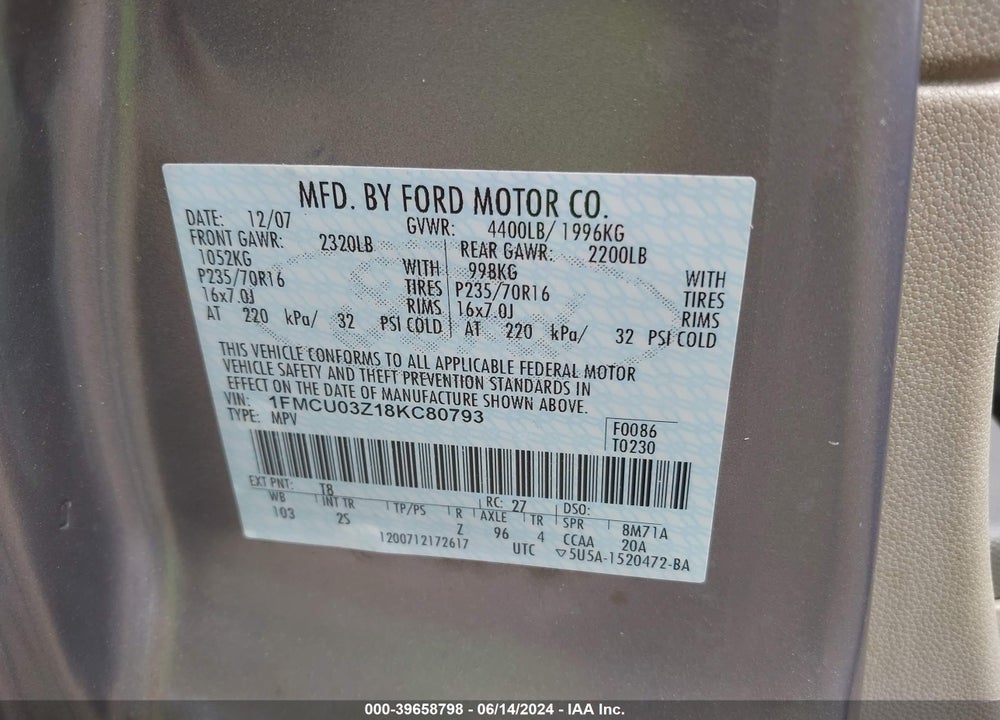 2008 FORD ESCAPE XLT VIN: 1FMCU03Z18KC80793