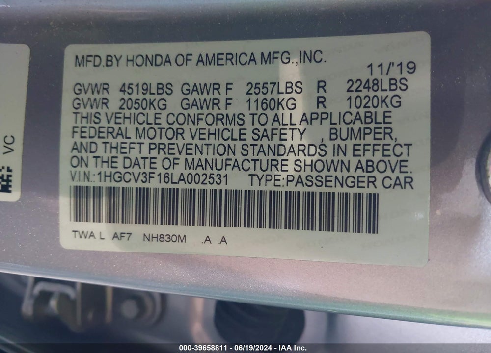 2020 HONDA ACCORD HYBRID VIN: 1HGCV3F16LA002531