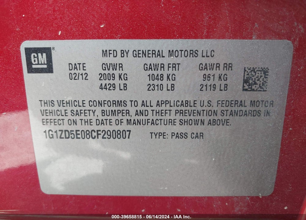 2012 CHEVROLET MALIBU 2LT VIN: 1G1ZD5E08CF290807