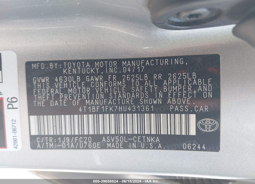 2017 TOYOTA CAMRY VIN: 4T1BF1FK7HU431361