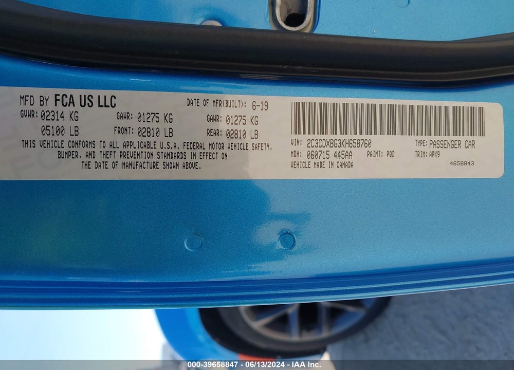 2019 DODGE CHARGER SXT RWD VIN: 2C3CDXBG3KH658760