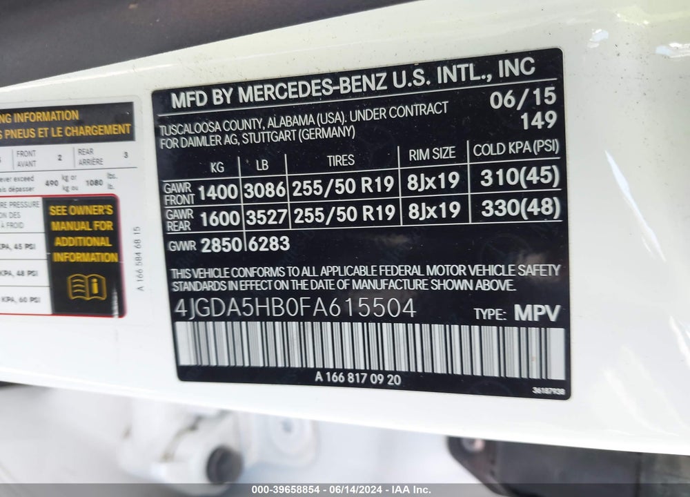2015 MERCEDES-BENZ ML 350 4MATIC VIN: 4JGDA5HB0FA615504