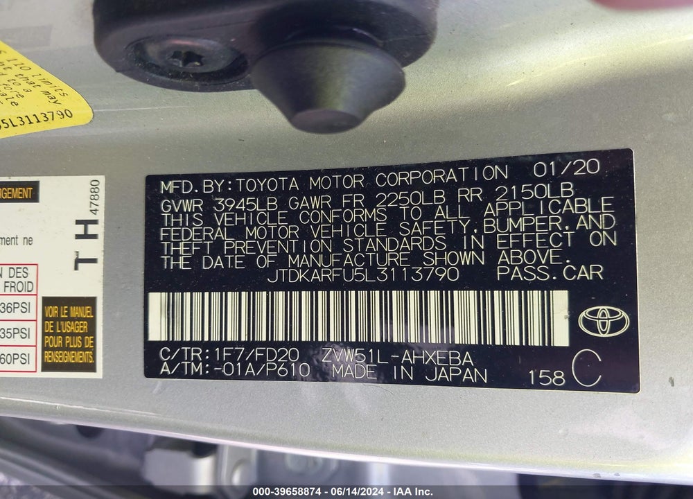 2020 TOYOTA PRIUS LE VIN: JTDKARFU5L3113790