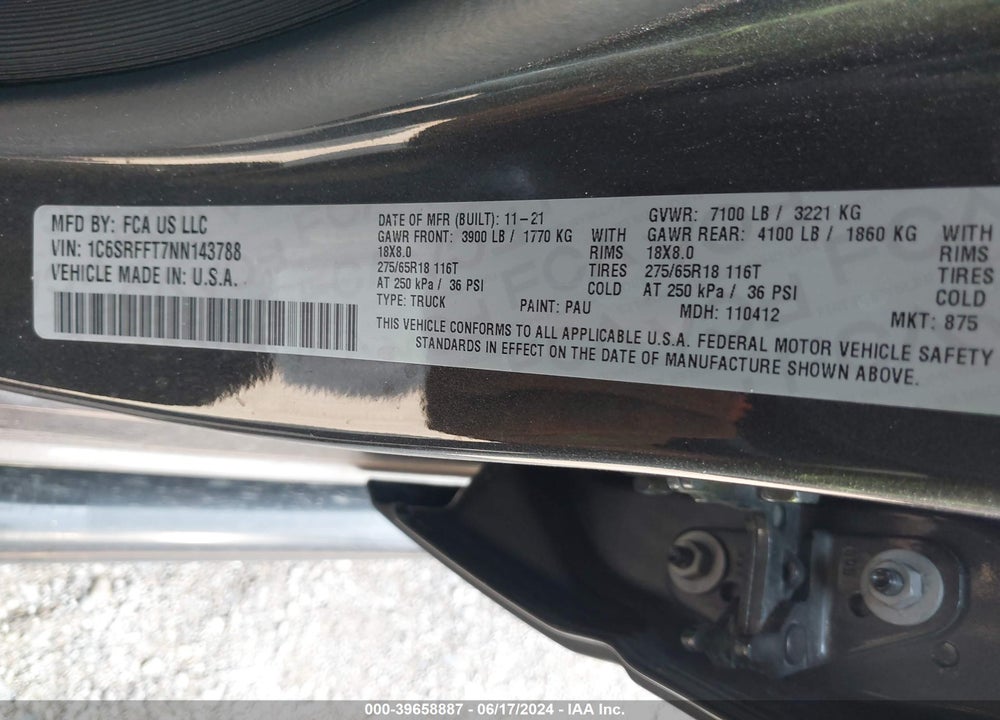 2022 RAM 1500 BIG HORN 4X4 5'7 BOX VIN: 1C6SRFFT7NN143788