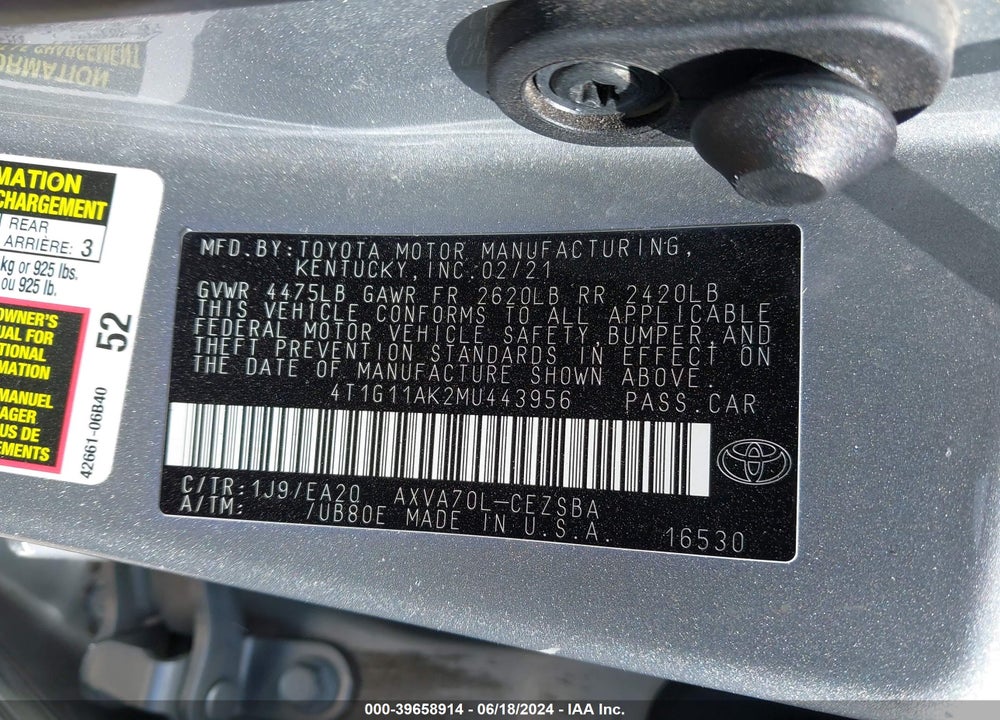 2021 TOYOTA CAMRY SE VIN: 4T1G11AK2MU443956