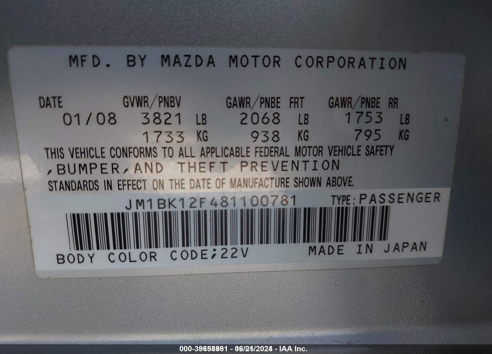 2008 MAZDA 3 I SPORT VIN: JM1BK12F481100781