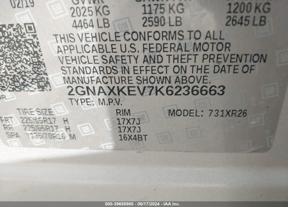 2019 CHEVROLET EQUINOX LT VIN: 2GNAXKEV7K6236663
