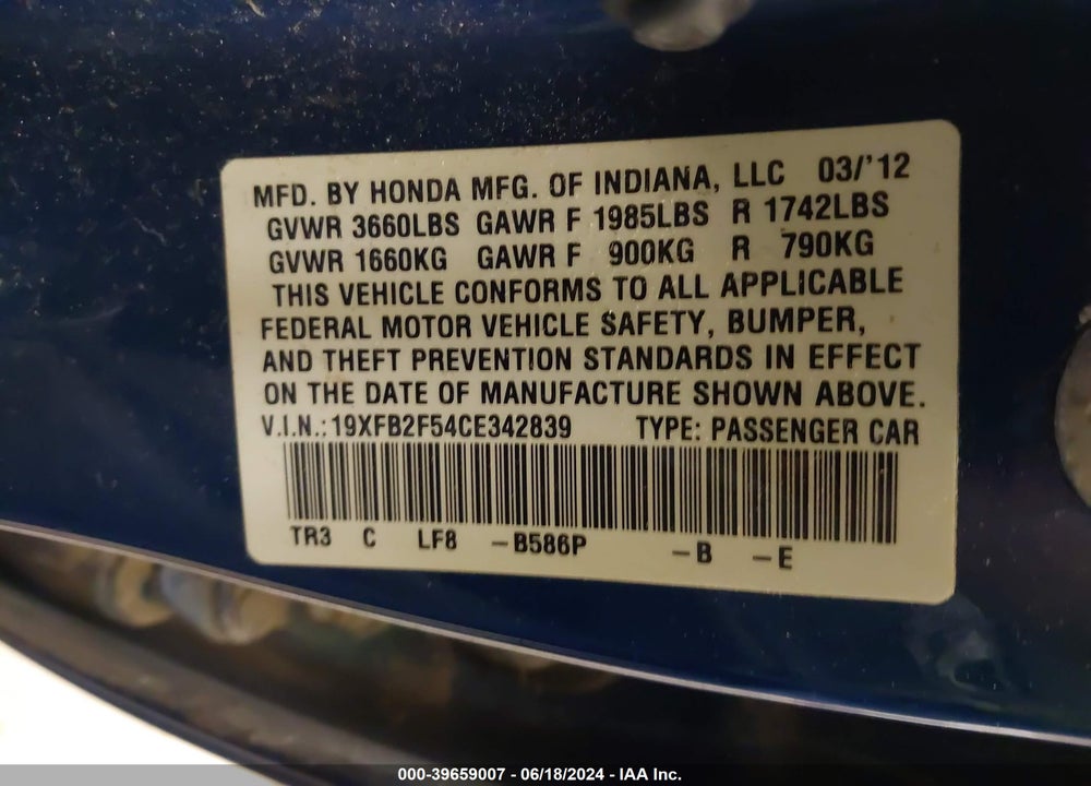 2012 HONDA CIVIC LX VIN: 19XFB2F54CE342839