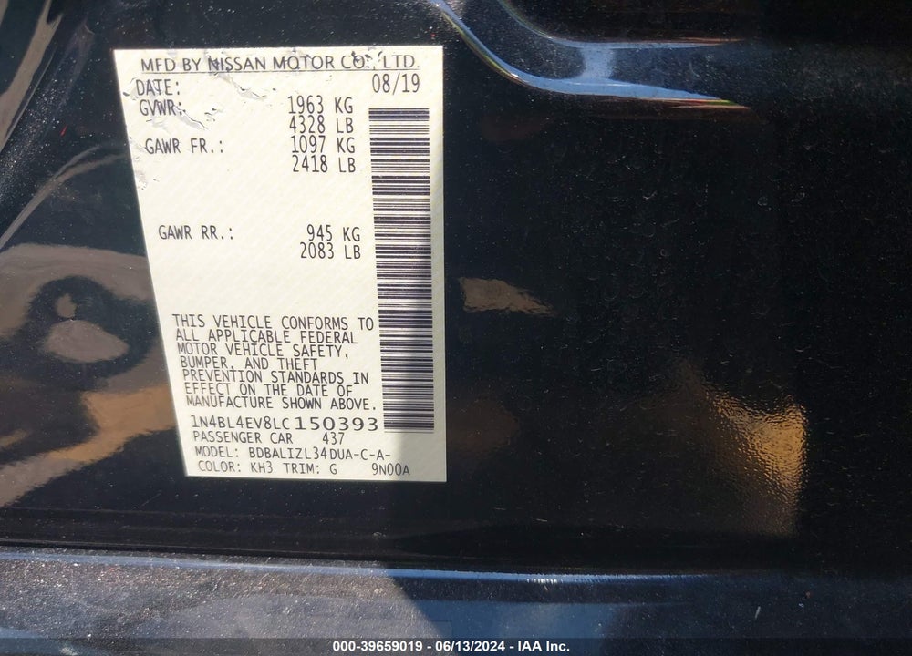 2020 NISSAN ALTIMA SL FWD VIN: 1N4BL4EV8LC150393