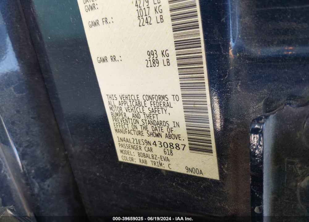 2009 NISSAN ALTIMA 2.5 S VIN: 1N4AL21E59N430887
