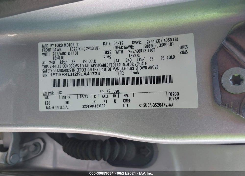 2019 FORD RANGER LARIAT VIN: 1FTER4EH2KLA41734