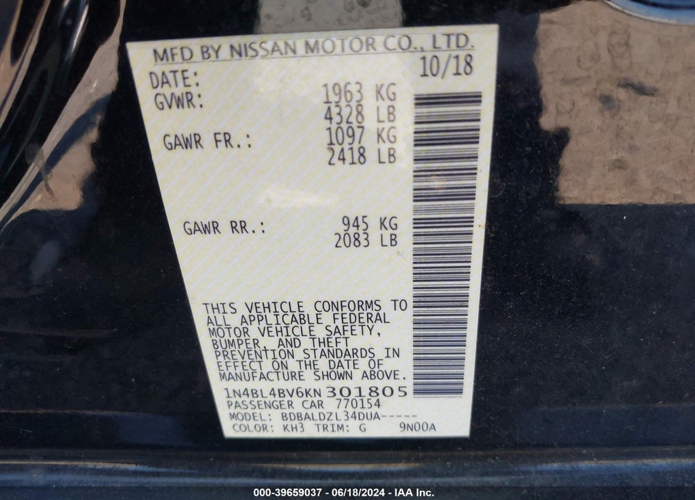 2019 NISSAN ALTIMA 2.5 S VIN: 1N4BL4BV6KN301805