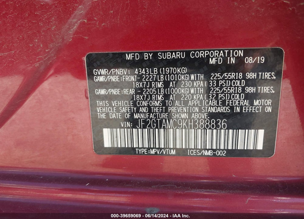 2019 SUBARU CROSSTREK 2.0I LIMITED VIN: JF2GTAMC9KH388836