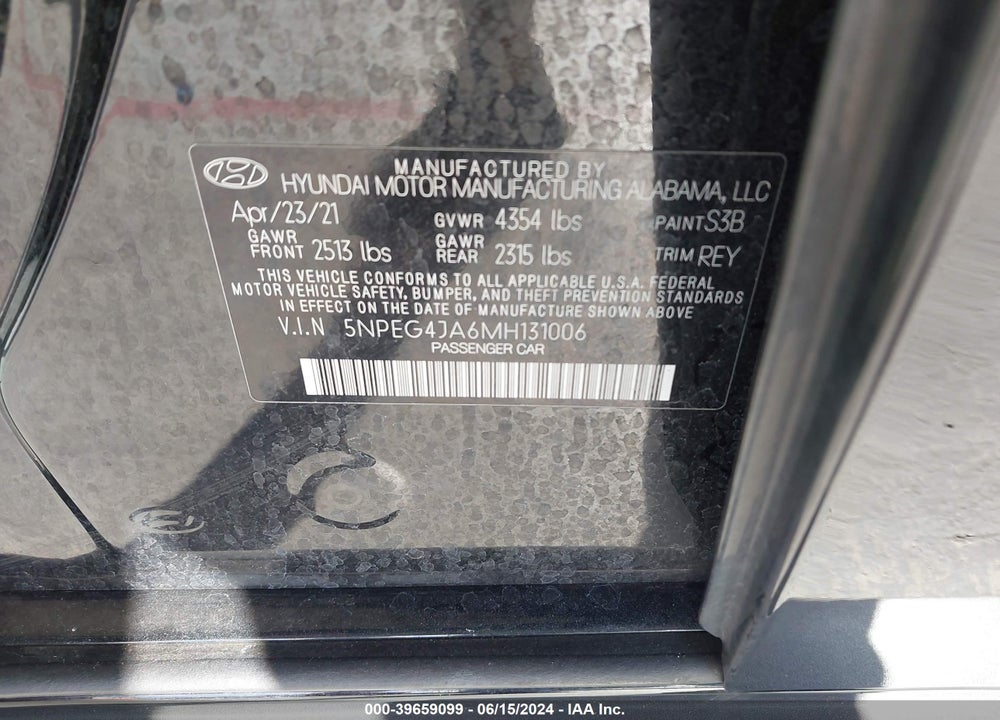 2021 HYUNDAI SONATA SE VIN: 5NPEG4JA6MH131006