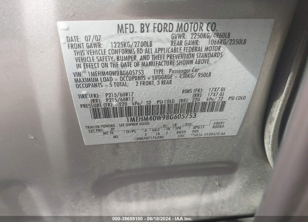 2008 MERCURY SABLE VIN: 1MEHM40W98G605753