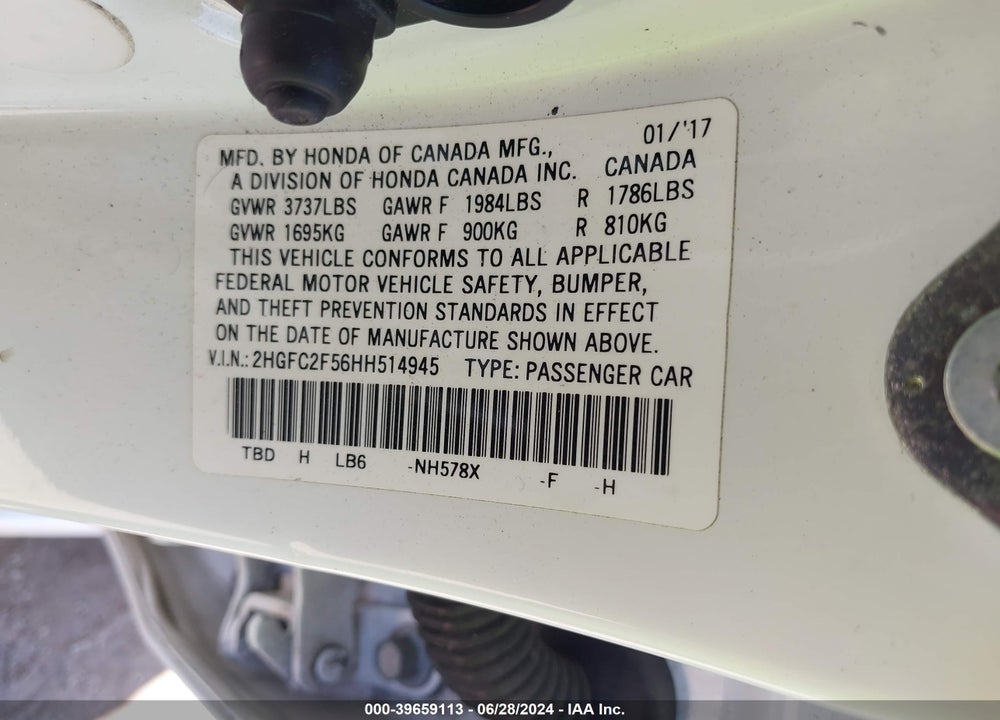2017 HONDA CIVIC LX VIN: 2HGFC2F56HH514945