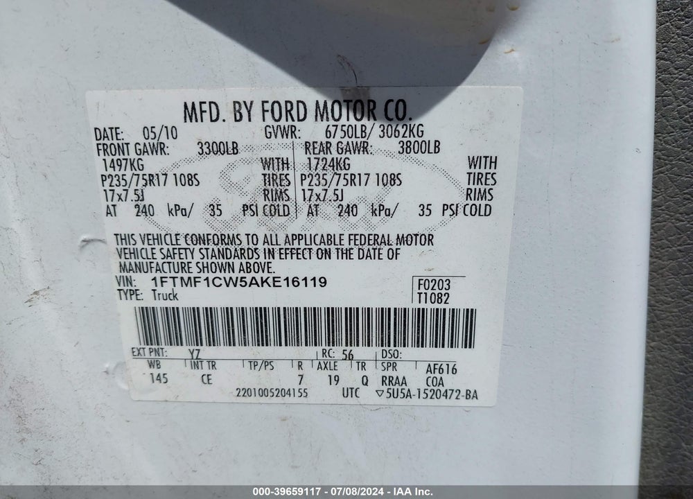 2010 FORD F-150 STX/XL/XLT VIN: 1FTMF1CW5AKE16119