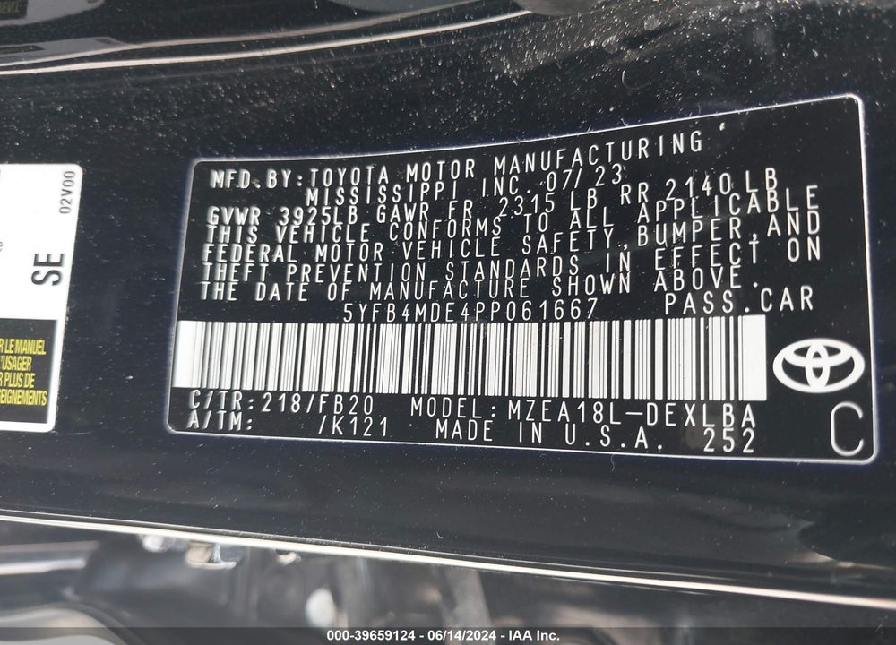 2023 TOYOTA COROLLA LE VIN: 5YFB4MDE4PP061667
