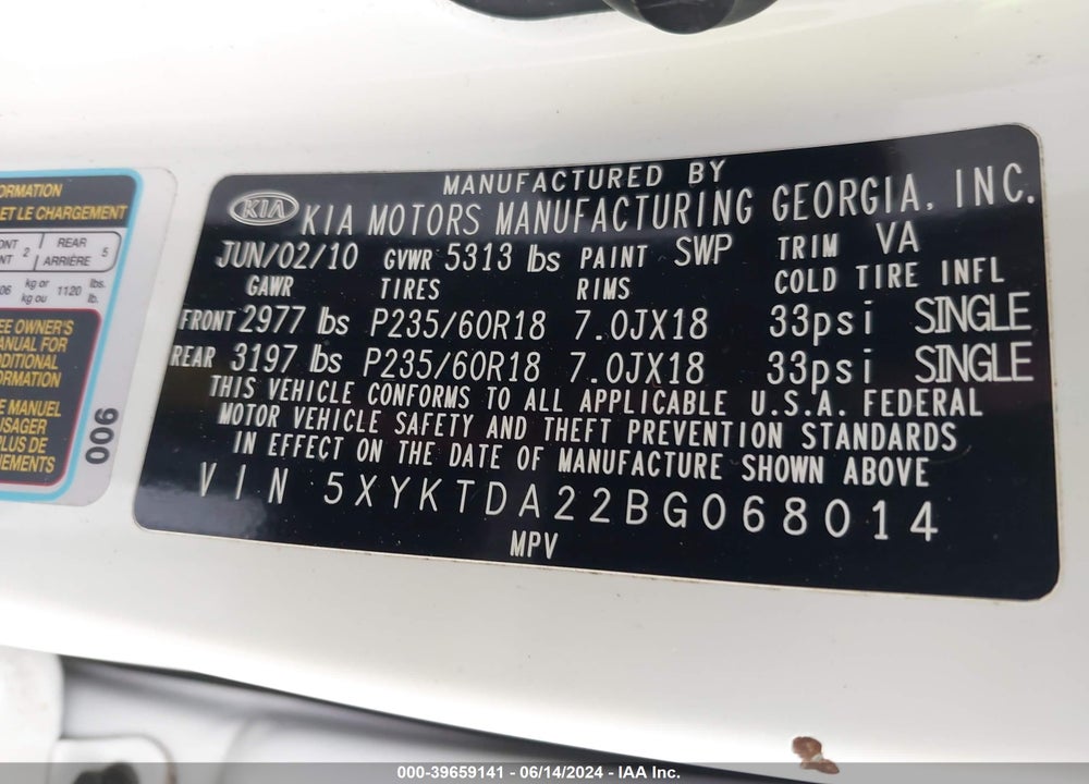 2011 KIA SORENTO LX V6 VIN: 5XYKTDA22BG068014