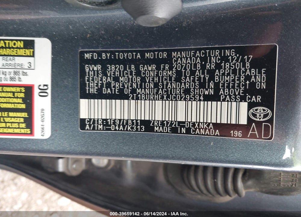 2018 TOYOTA COROLLA VIN: 2T1BURHEXJC029594