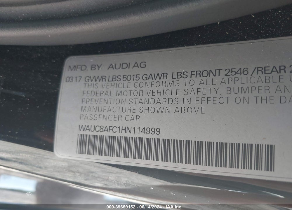 2017 AUDI A6 VIN: WAUC8AFC1HN114999