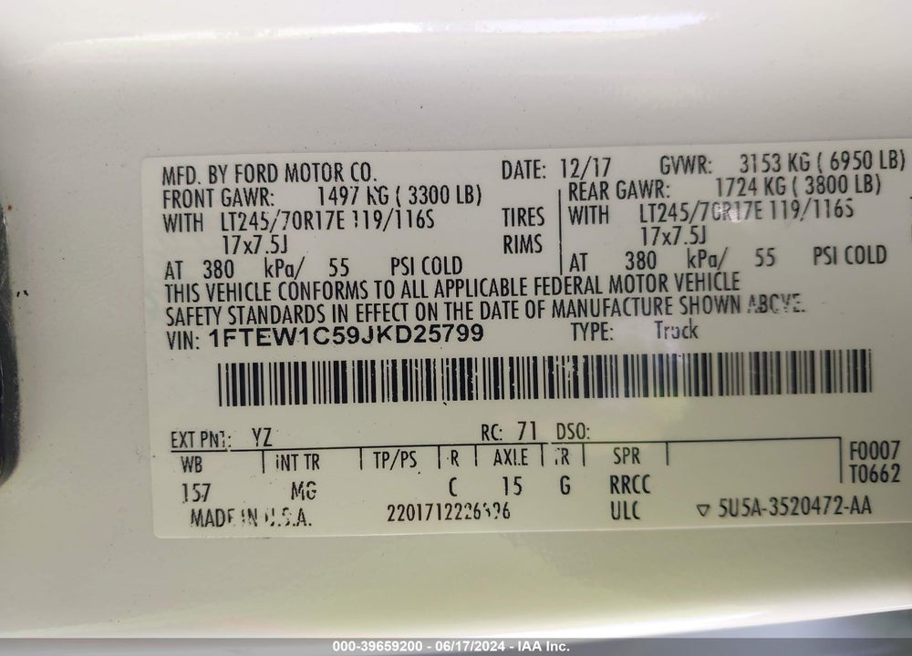 2018 FORD F-150 XLT VIN: 1FTEW1C59JKD25799