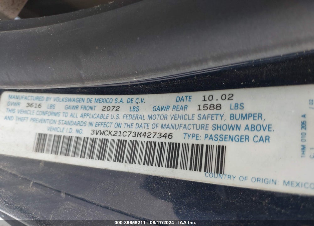 2003 VOLKSWAGEN NEW BEETLE GLS 2.0L VIN: 3VWCK21C73M427346