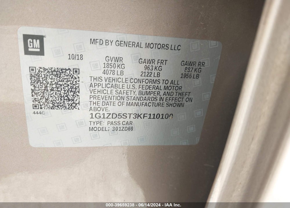 2019 CHEVROLET MALIBU LT VIN: 1G1ZD5ST3KF110100