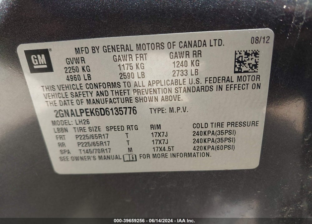 2013 CHEVROLET EQUINOX LT VIN: 2GNALPEK6D6135776