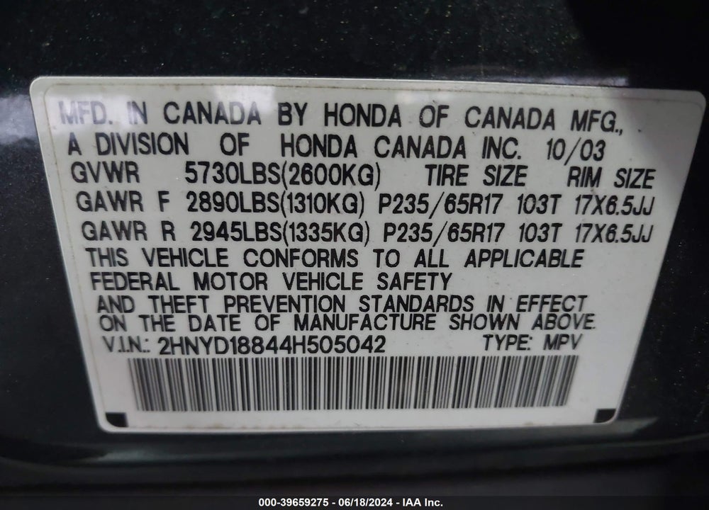 2004 ACURA MDX VIN: 2HNYD18844H505042