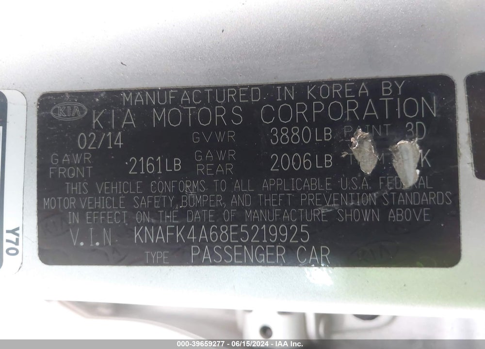 2014 KIA FORTE LX VIN: KNAFK4A68E5219925