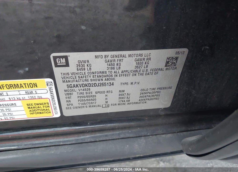 2013 BUICK ENCLAVE PREMIUM VIN: 5GAKVDKD2DJ265134