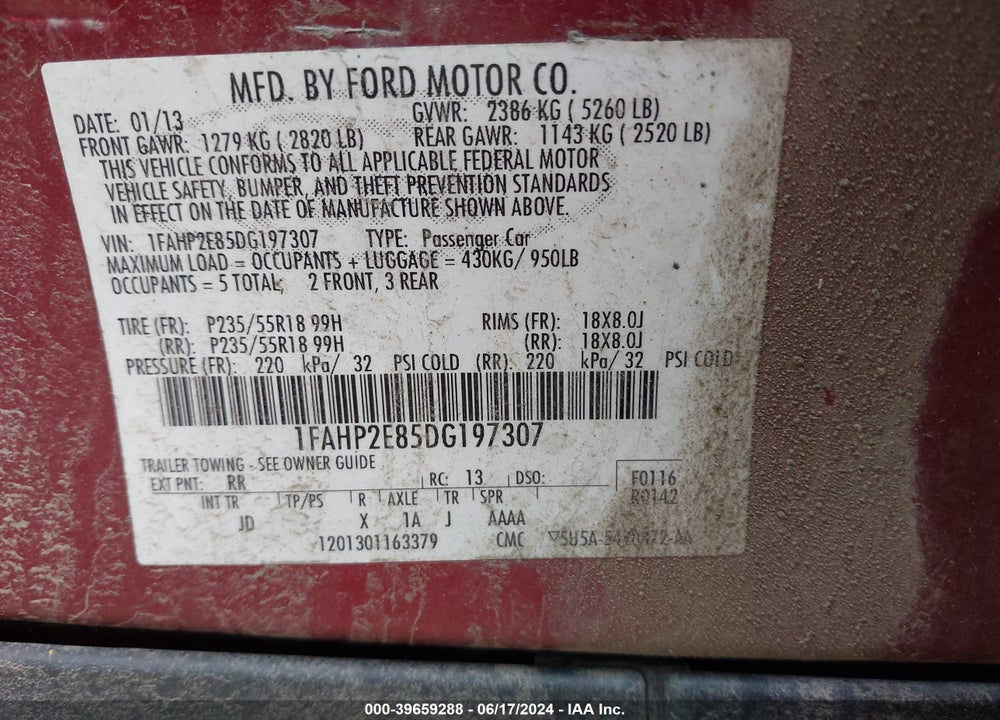 2013 FORD TAURUS SEL VIN: 1FAHP2E85DG197307