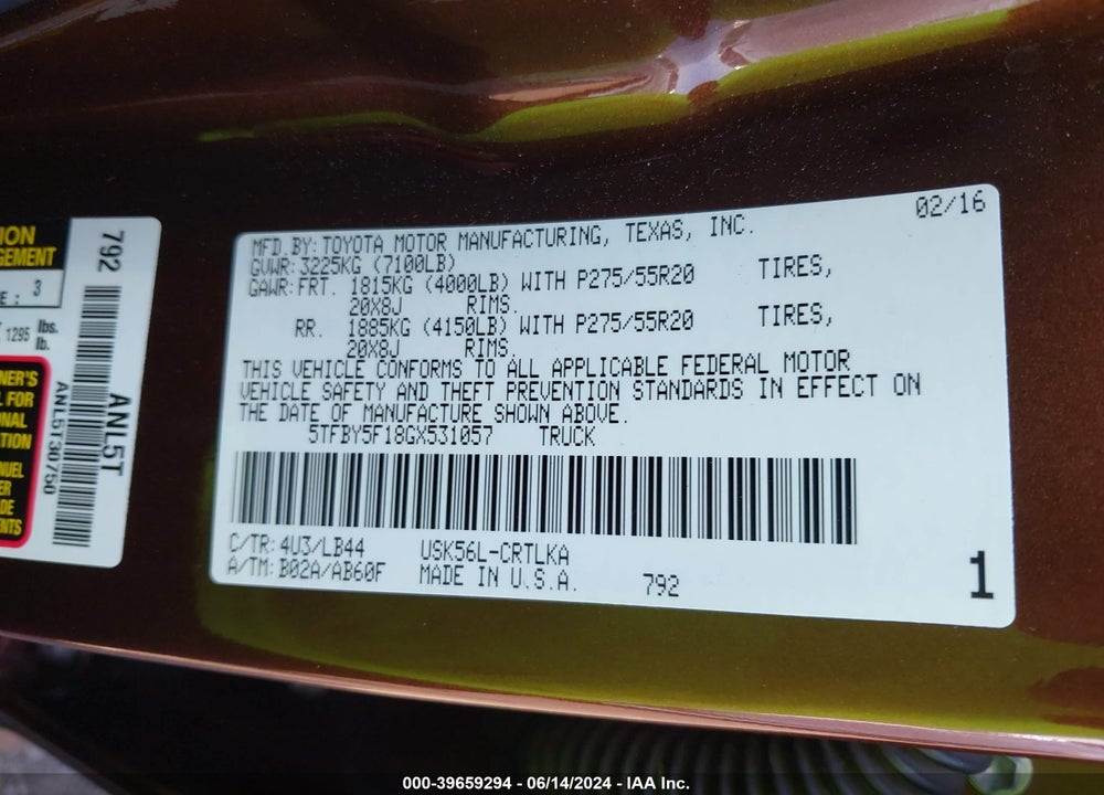 2016 TOYOTA TUNDRA LIMITED 5.7L V8 VIN: 5TFBY5F18GX531057